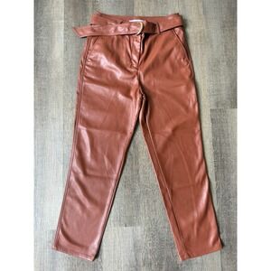 NWT LOFT Brown Faux Leather Pants Women's 4 Belted High‎ Waist Straight Leg Chic